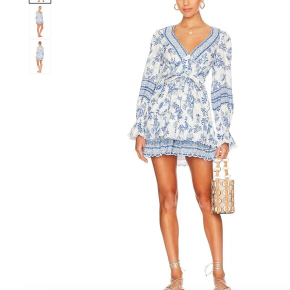 HEMANT & NANDITA V Neck Floral Print Mini Dress Blue White m medium flare tie - Picture 1 of 10